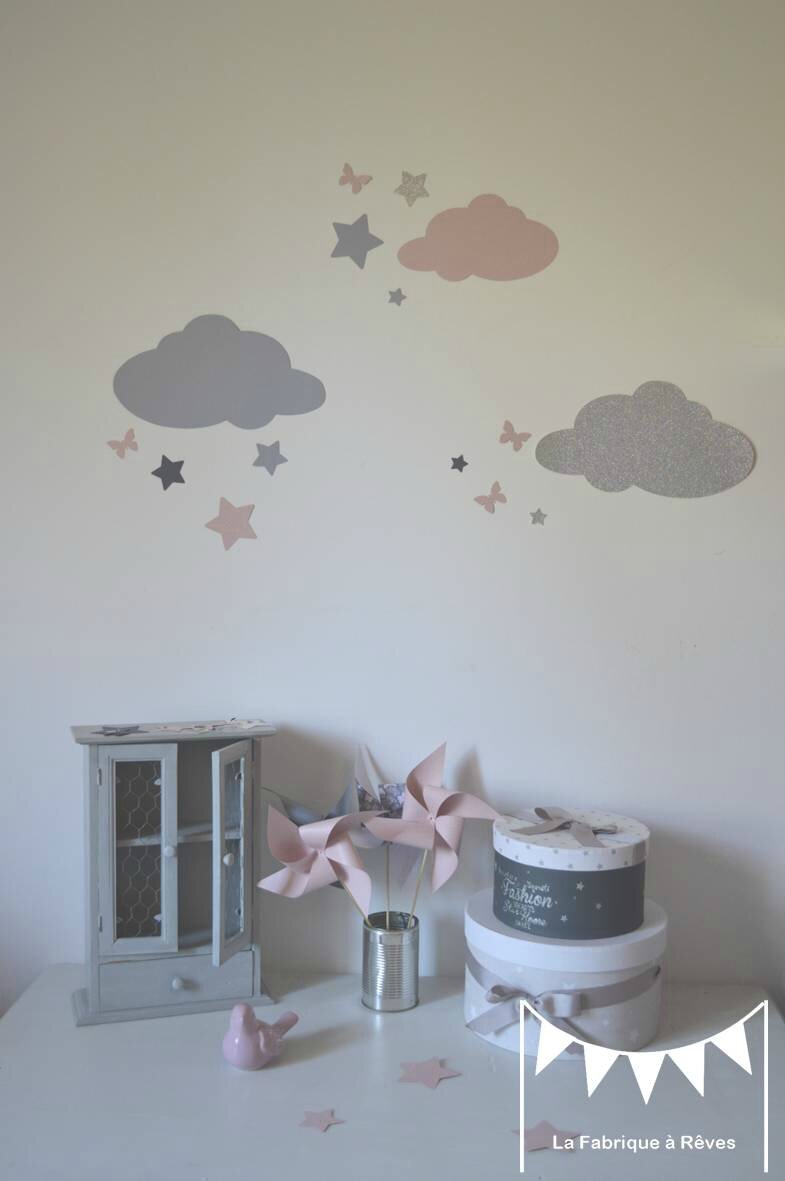 Stickers décoration chambre fille bébé nuage étoiles papillons ...