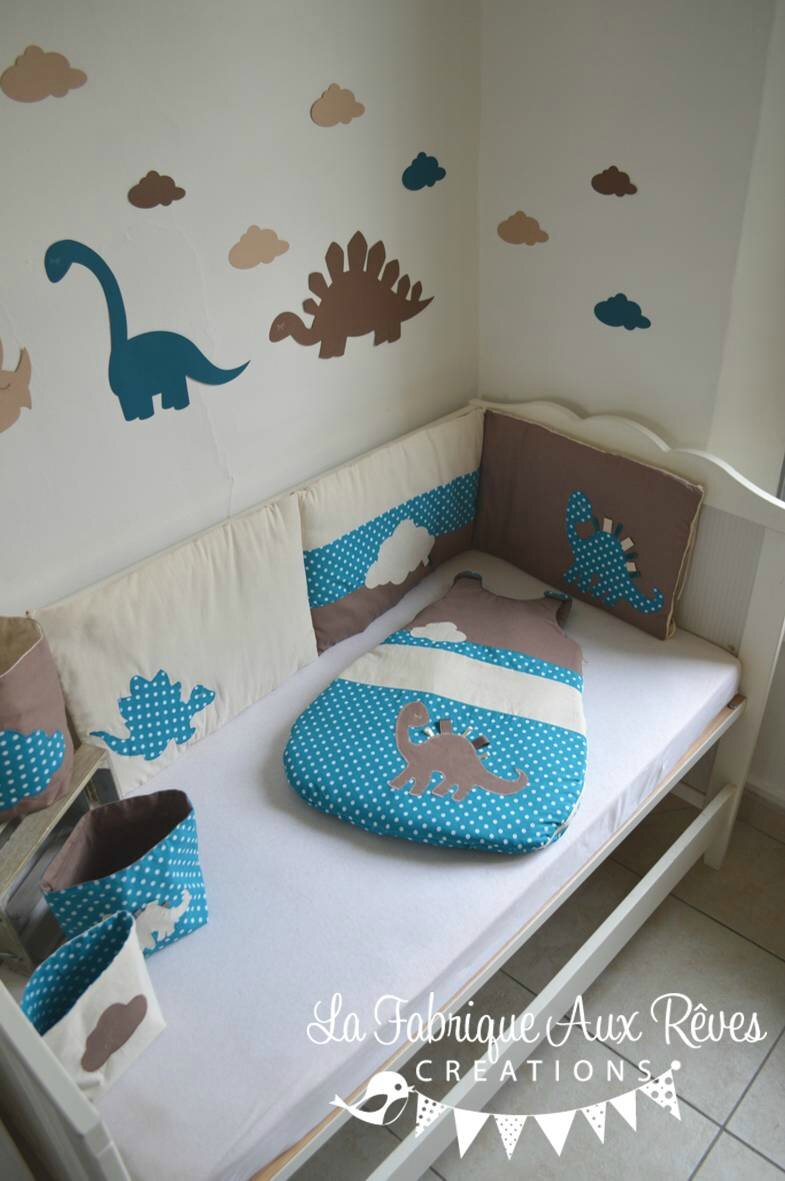 Linge lit bébé et décoration dinosaure bleu pétrole canard, beige ...