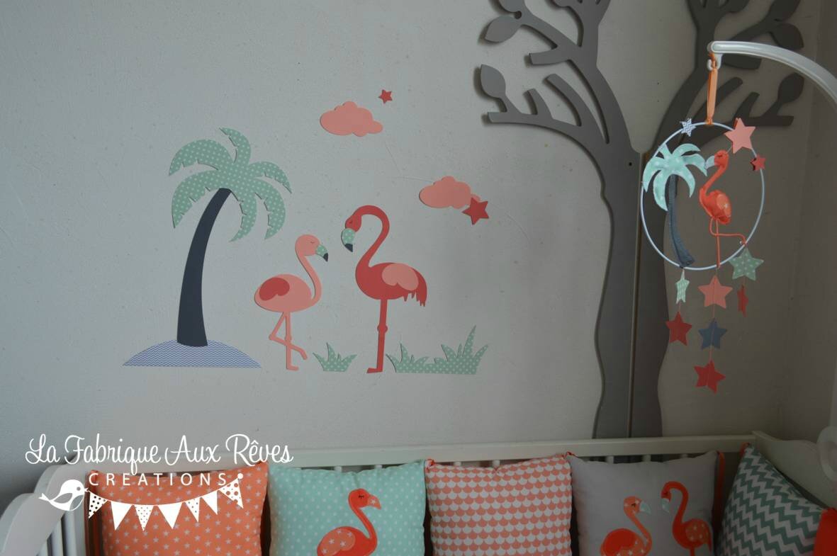 Décoration chambre bébé flamant rose palmier étoiles nuages mint ...
