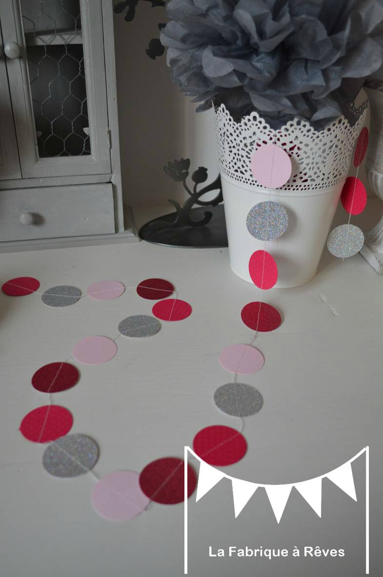 Guirlande pastille cousue rond papier carton fuchsia fuchia ...