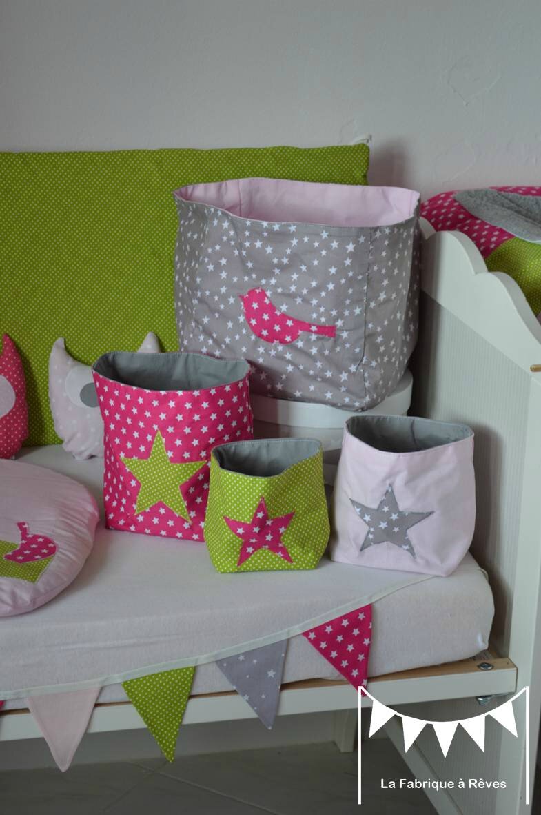 Pochons rangement réversibles étoiles oiseaux rose poudré rose ...