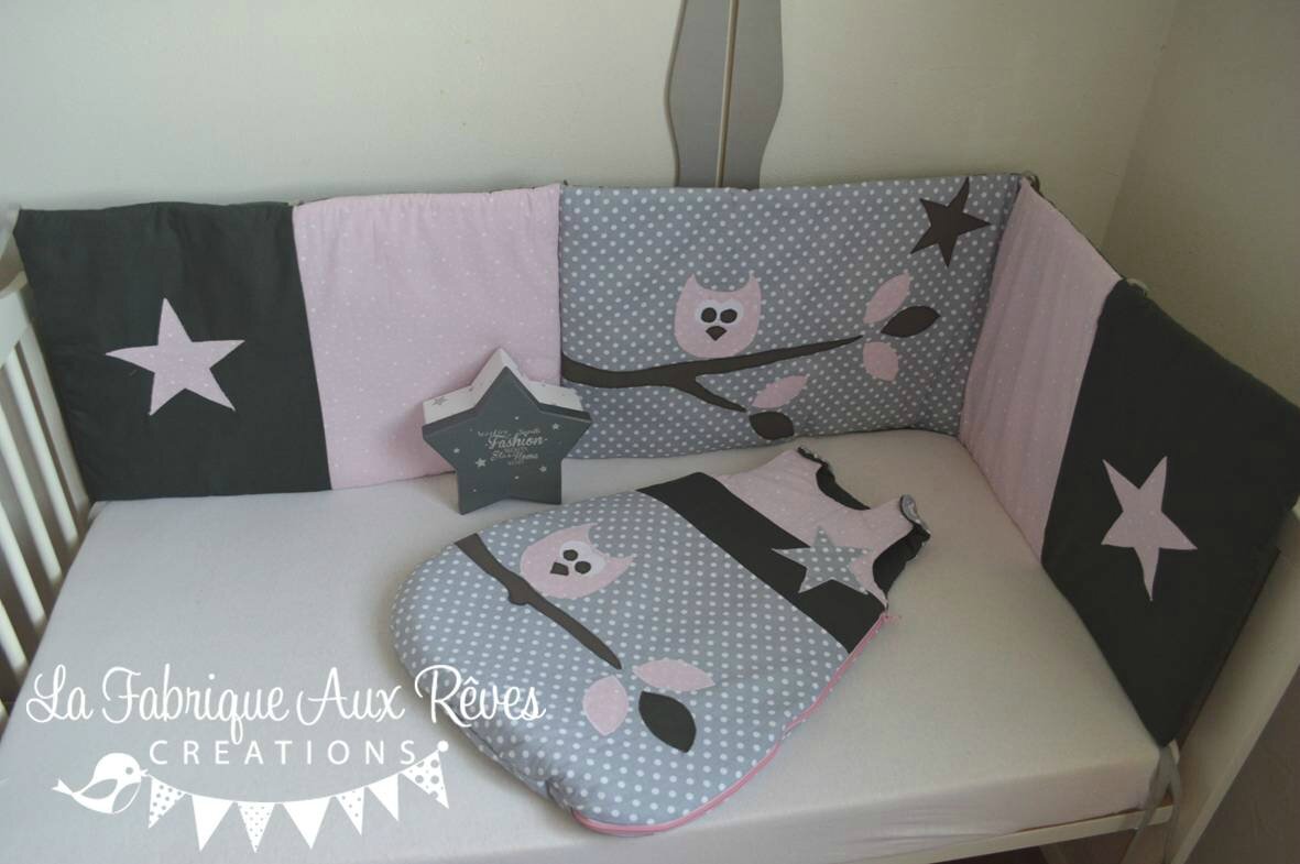 Linge lit tour lit gigoteuse turbulette hibou branche étoiles rose ...