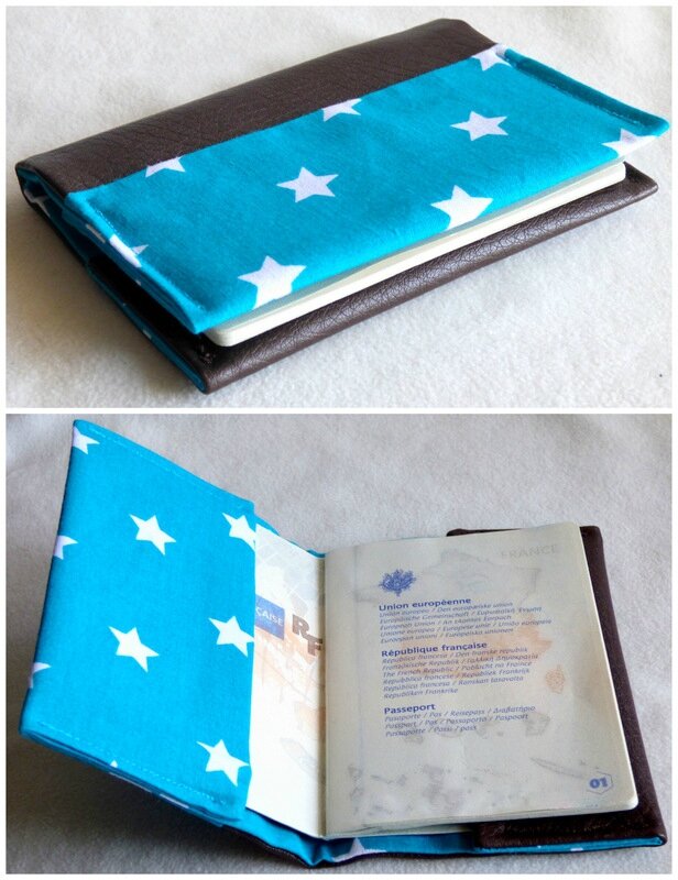 protège-passeport simili chocolat et turquoise étoilé
