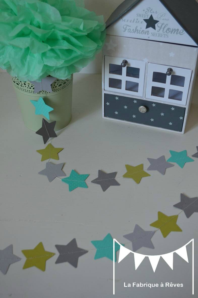 Guirlande étoiles cousues papier carton turquoise vert anis gris ...
