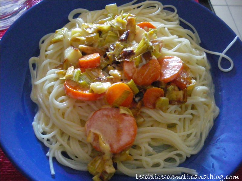 Pâtes à la fondue de poireaux et carottes Les délices de Méli