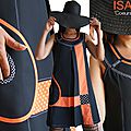 Des coeurs, des pois : un esprit graphique créateur pour une robe trapèze noire et orange isamade ... printemps été 2015.