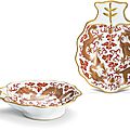 A rare pair of iron-red and gilt-decorated shell-shaped saucers, qing dynasty, daoguang period (1821-1850), jixiang ruyi mark