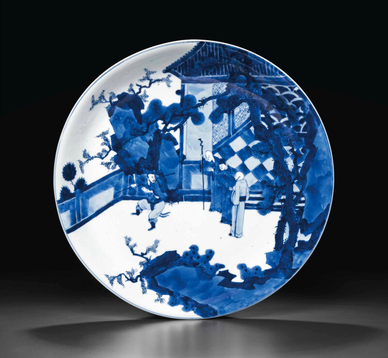 A large blue and white dish, Kangxi six-character mark in underglaze ...