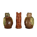 A pair of brown and green-glazed 'owl' jars and covers, and a brown-glazed pottery figure of an owl, han dynasty