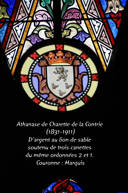 Athanase de Charette de la Contrie D’argent au lion de sable soutenu de trois canettes du même ordonnées 2 et 1 Couronne Marquis