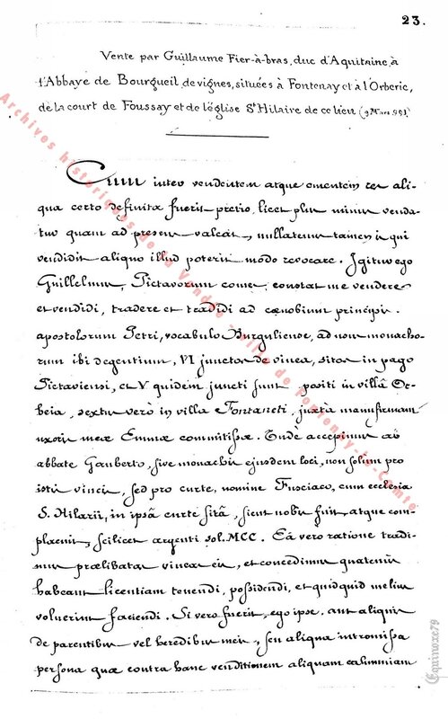 Archives historiques de la Vendée, Charte de Guillaume Fier-à-Bras, duc d'Aquitaine, l'Abbaye de Bourgueil 9 mars 991 (4)