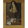 French school, 17th century, vanitas still life with a whisk broom, an hourglass, a burning candle, playing cards, dice, ...