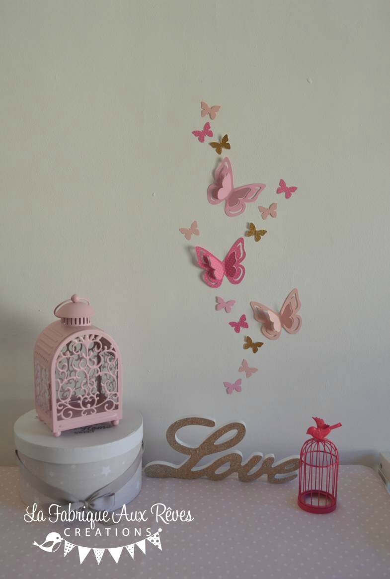 stickers papillons 3D rose vif doré paillettes rose poudré - décoration chambre bébé rose vif doré paillettes rose poudré