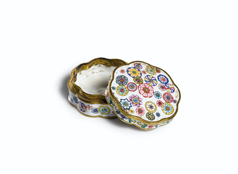 A rare Imperial Canton enamel 'Ball flower' box and cover, mark and period of Qianlong (1736-1795)