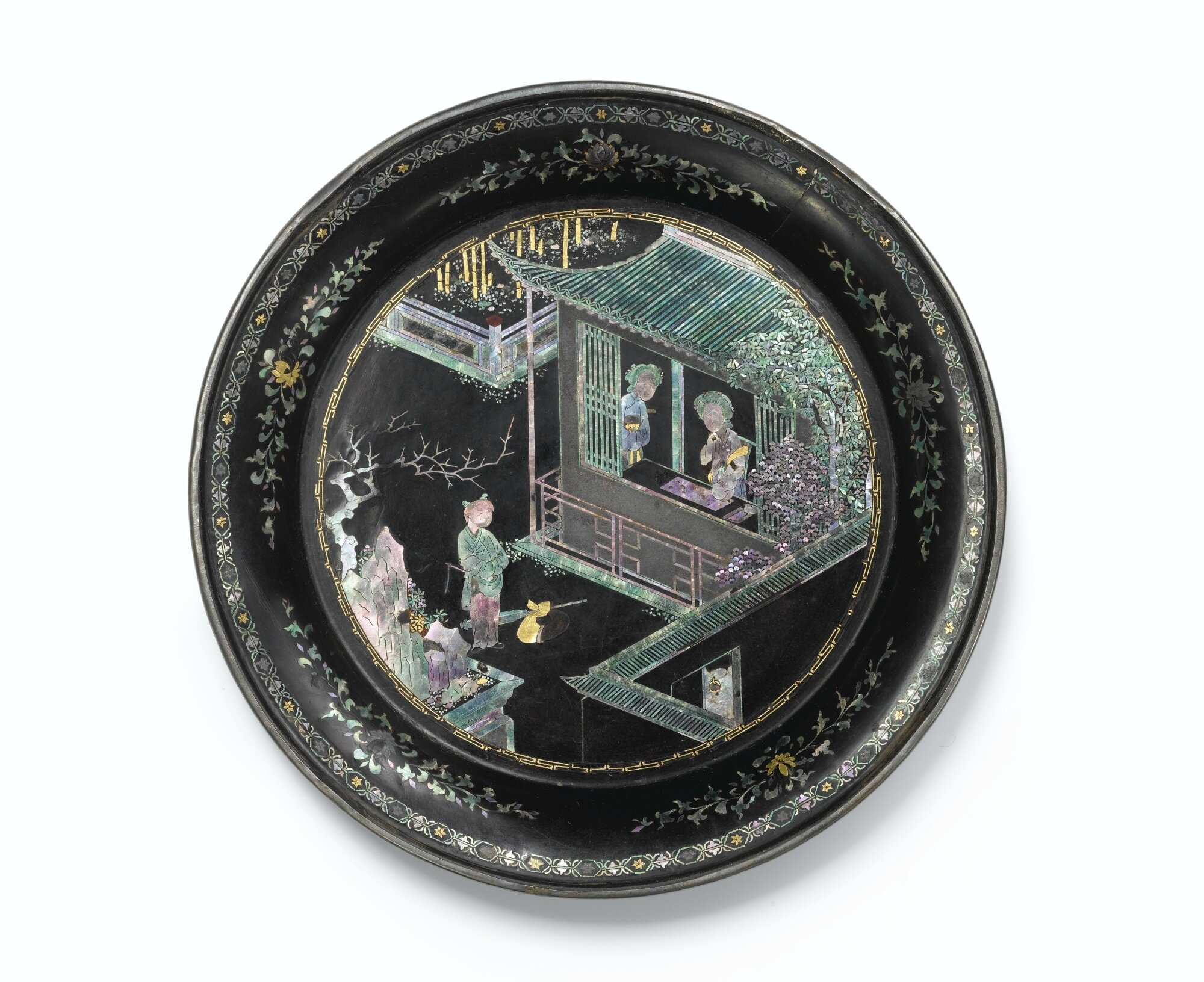 A Mother Of Pearl Inlaid Black Lacquer Dish By Jiang Qianli Qing