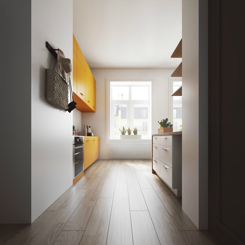 Scandinavian-hallway-mustard-feature-cabinetry-white-kitchen
