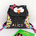 Sac à dos fille école maternelle personnalisé prénom Chouette Alice gris multicolores girl backpack owl personnalized name