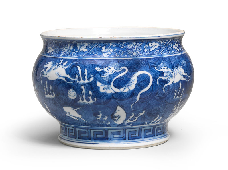 A fine and large blue and white 'mythical creatures' incense burner, Chongzhen period