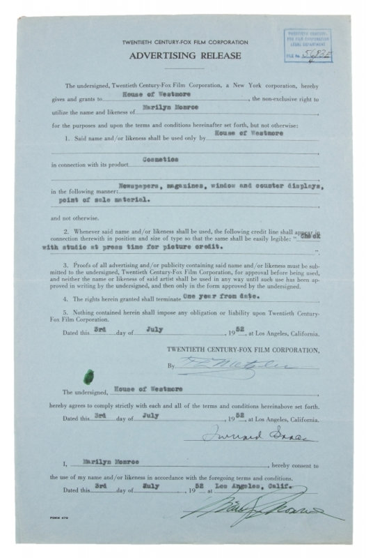 1952-07-03-Contract_Fox_Westmore-01-auction-2016-julien_Lee_Strasberg-1