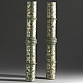 A rare pair of rare silver-inlaid archaic bronze canopy pole fittings, warring states period (475-221 bc)