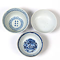 A group of three three Vietnamese and Chinese 19th century porcelains with blue and white design. Apocryphal Kangxi mark and other marks