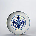 A rare blue and white 'double vajra ' dish, ming dynasty, 15th century