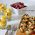 Apéro dînatoire: cups aux fruits de mer, verrines pêche-thon, verrines aux couleurs italiennes, verrines taboulé