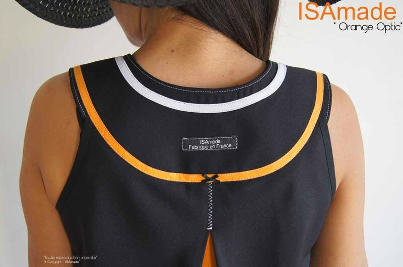 MOD 393C robe Printemps 2016 Trapèze bicolore noire Orange blanc motif geometrique