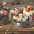 Ecole flamande du xviième siècle, entourage de frans snyders, nature morte aux fruits et fleurs avec une coupe en porcelaine de 