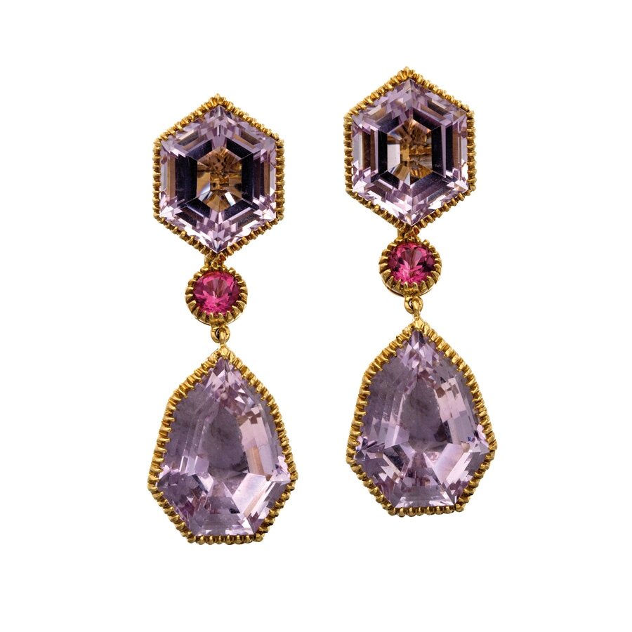 Pair of 18ct gold, amethyst and tourmaline 'Byzantine' drop