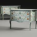 A pair of central italian blue and polychrome painted chinoiserie commodes, probably marche