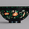 An exceptional and rare black-ground famille-verte 'chrysanthemum' bowl, mark and period of yongzheng (1723-1735)