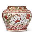 A very rare green and red-enameled 'fish' jar, ming dynasty, 16th century