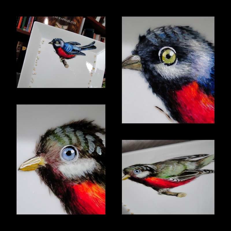 peinture sur porcelaine oiseaux valérie albertosi plat à cake