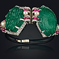 A pair of art deco emerald, natural pearl, ruby and diamond ear clips, cartier