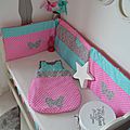 linge de lit tour lit 60 120 cms turbulette douillette gigoteuse 0-6 mois bébé fille rose turquoise gris étoiles pois papillon