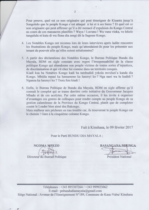 DECLARATION DU BUREAU POLITIQUE DE BUNDU DIA MAYALA 2