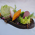 Aubergines confites, olives de Kalamata et anchois