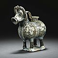 A kashan underglaze-decorated pottery aquamanile in the form of a bull, persia, early 13th century