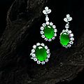 A jadeite and diamond ring and pendent earring suite
