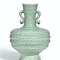 A fine and magnificent celadon-glazed 'longevity' ruyi-handled vase, seal mark and period of qianlong