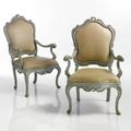 A fine pair of italian rococo white and blue-painted armchairs. venice, mid-18th century