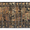 A twelve-leaf lacquer 'palace' screen, qianlong, ciclycally dated to the gengyin year, corresponding to 1770 and of the period