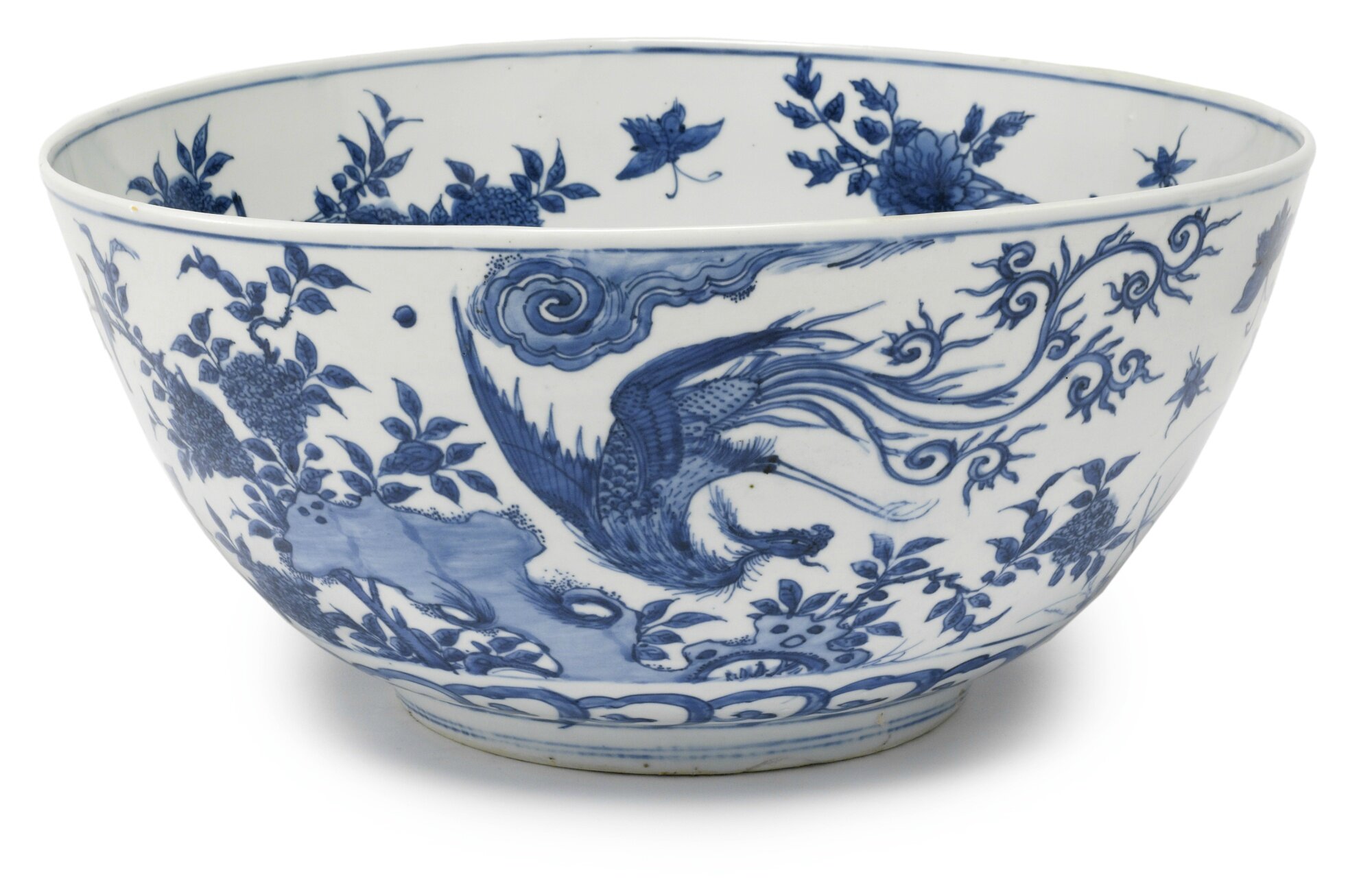 A large Chinese porcelain blue and white 'Phoenix' bowl, Ming dynasty