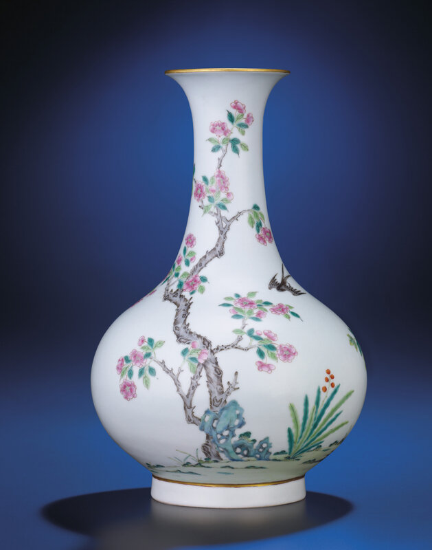 A fine famille rose 'bird and flower' baluster vase, Daoguang period (1821-1850), four-character shendetang zhi mark in iron-red