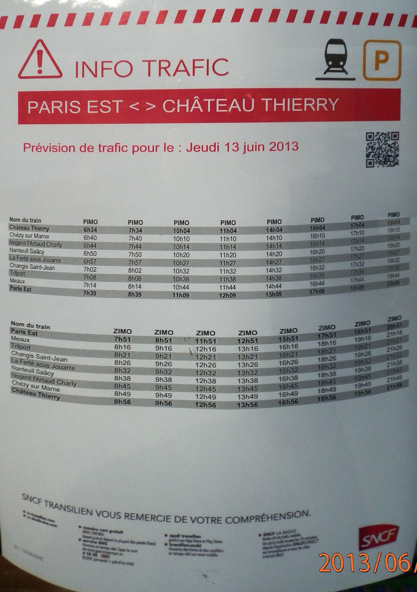 Previsions Trafic Sncf Ligne P Paris Est Meaux Chateau Thierry La Ferte Milon Pour La Journee Du 13 Juin 13 Le Blog De Daniel Hue Le Crouycien