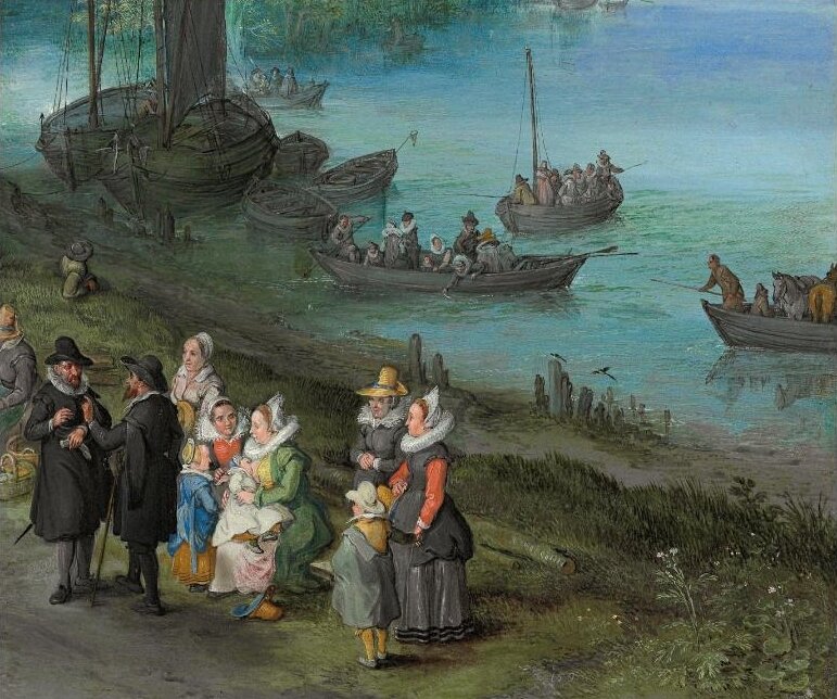 Jan Brueghel I Figures Dancing On The Bank Of A River With A Fish