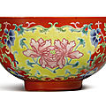 A coral-ground famille-rose 'peony' bowl, daoguang seal mark and period (1821-1850)