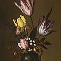 Balthasar van der ast (middelburg 1593/94 - 1657 delft), still life of tulips, roses, an iris and lily of the valley ...