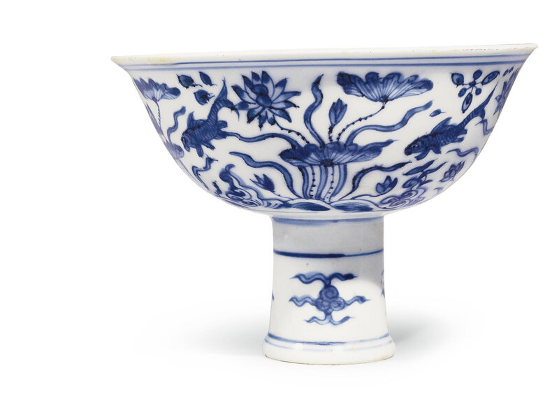 A Blue and White 'Fish' Stem Bowl, Ming Dynasty, Mid-16th Century
